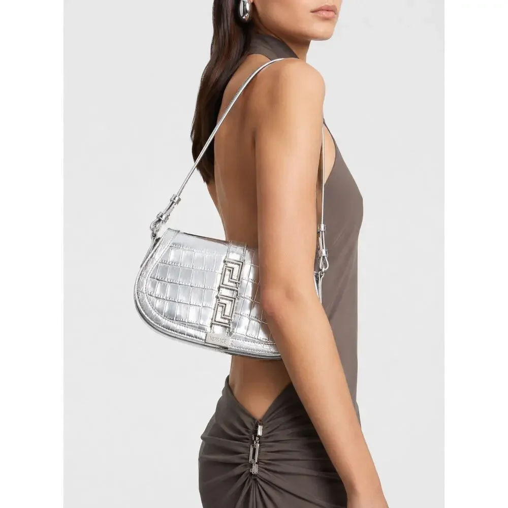 Versace Garcia Croc-Embossed Leather Shoulder Bag Silver New 2900$